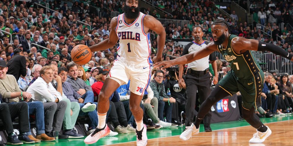 BOSTON, MA - OCTOBER 18: James Harden #1 of the Philadelphia 76ers dribbles the ball during the game against the Boston Celtics on October 18, 2022 at the TD Garden in Boston, Massachusetts.  NOTE TO USER: User expressly acknowledges and agrees that, by downloading and or using this photograph, User is consenting to the terms and conditions of the Getty Images License Agreement. Mandatory Copyright Notice: Copyright 2022 NBAE  (Photo by Jesse D. Garrabrant/NBAE via Getty Images)