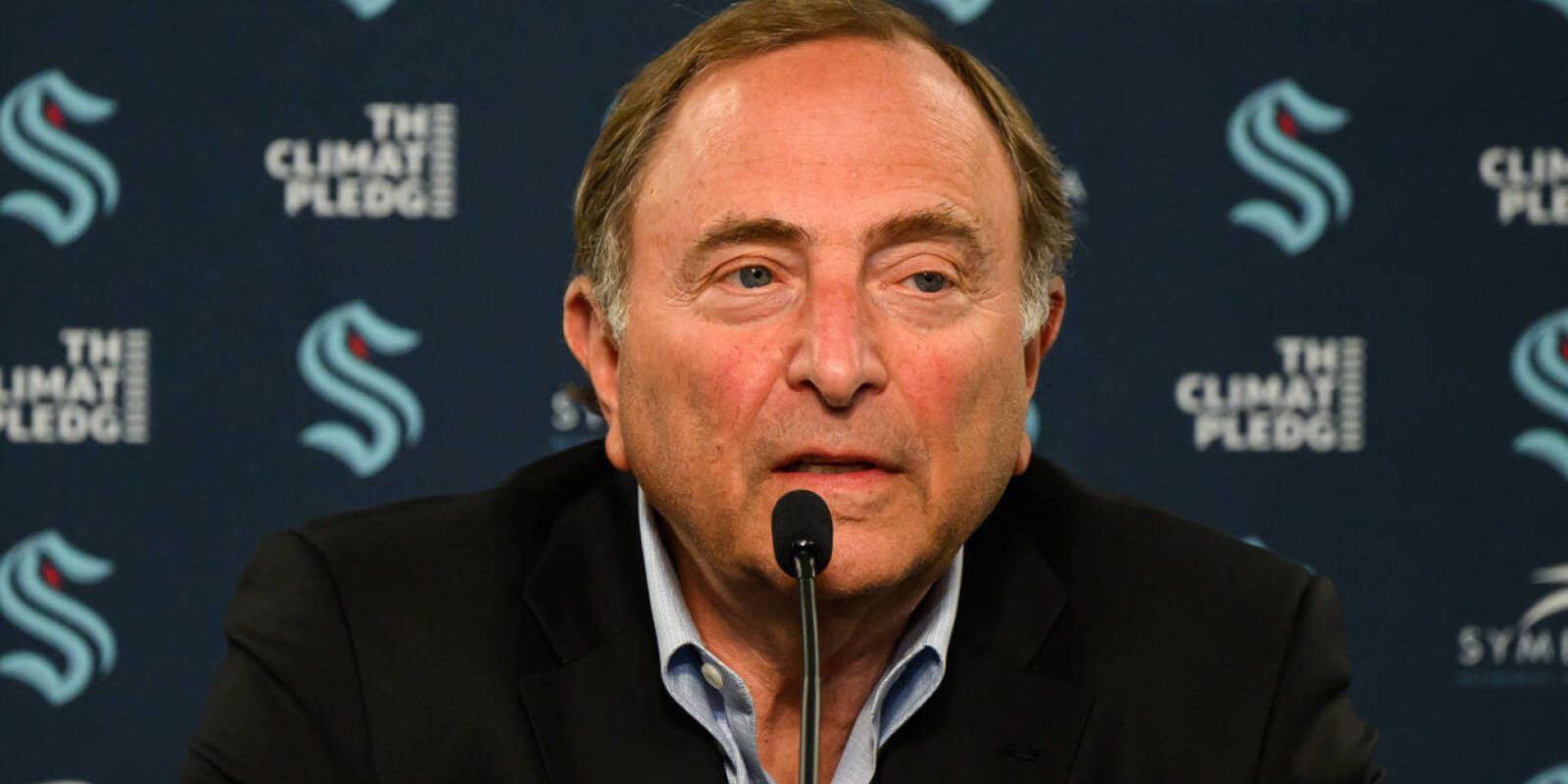 Mar 30, 2023; Seattle, Washington, USA; NHL commissioner Gary Bettman addresses the media prior to the game between the Seattle Kraken and the Anaheim Ducks at Climate Pledge Arena. Mandatory Credit: Steven Bisig-USA TODAY Sports