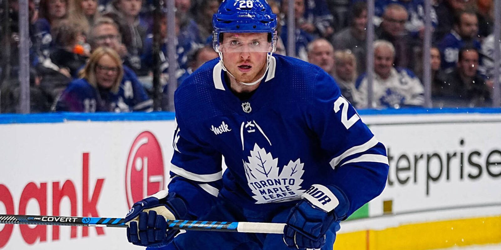 May 4, 2023; Toronto, Ontario, CANADA; Toronto Maple Leafs forward Sam Lafferty (28) looks for the puck against the Florida Panthers during game two of the second round of the 2023 Stanley Cup Playoffs at Scotiabank Arena. Mandatory Credit: John E. Sokolowski-USA TODAY Sports