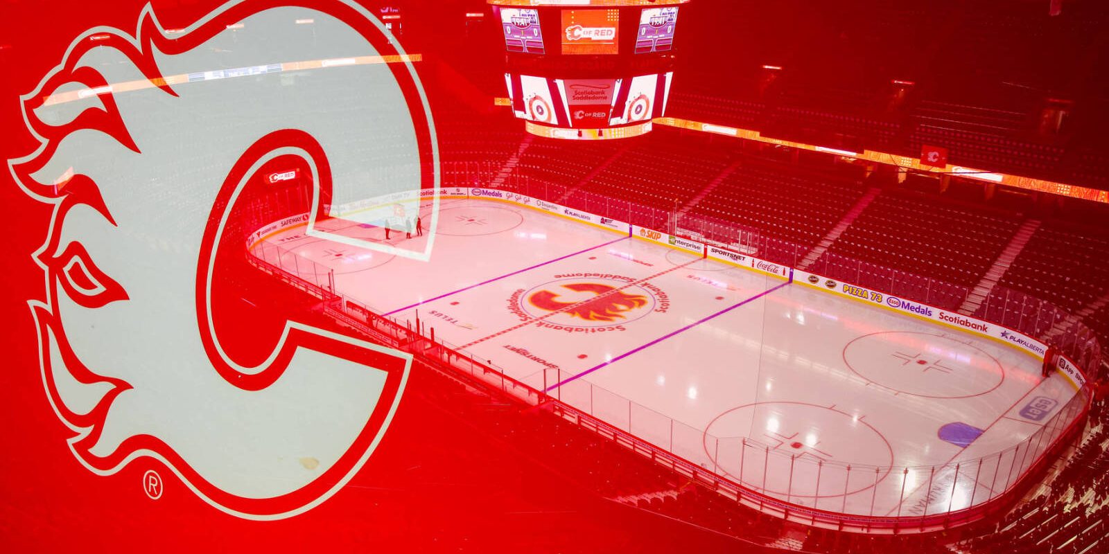 Sep 29, 2023; Calgary, Alberta, CAN;  (Note: This image was created in-camera with multiple exposure.) General view of the arena prior to the game between the Calgary Flames and the Edmonton Oilers at Scotiabank Saddledome. Mandatory Credit: Sergei Belski-USA TODAY Sports