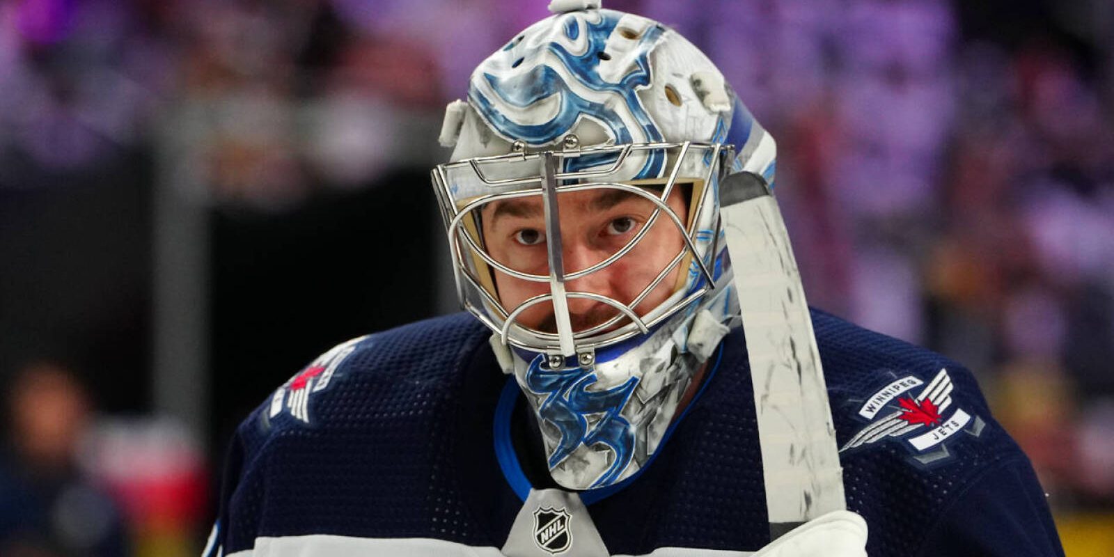 Apr 20, 2023; Las Vegas, Nevada, USA; Winnipeg Jets goaltender David Rittich (33) warms up before the start of game two of the first round of the 2023 Stanley Cup Playoffs against the Vegas Golden Knights at T-Mobile Arena. Mandatory Credit: Stephen R. Sylvanie-USA TODAY Sports