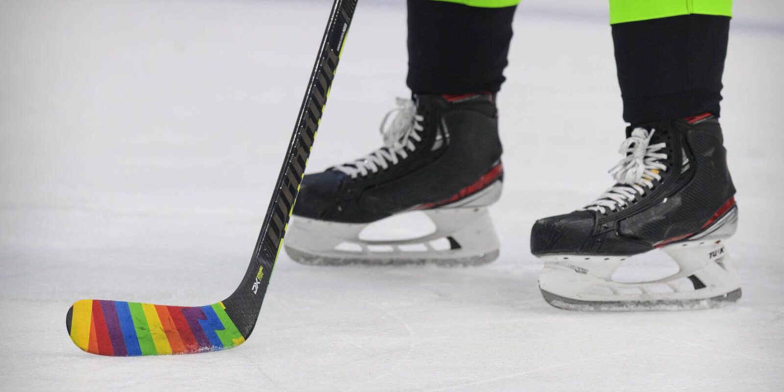 Apr 26, 2021; Dallas, Texas, USA;  A view of the rainbow color tape on the hockey stick of Dallas Stars right wing Denis Gurianov (34) in recognition of NHL pride night before the game between the Dallas Stars and the Carolina Hurricanes at the American Airlines Center. Mandatory Credit: Jerome Miron-USA TODAY Sports
