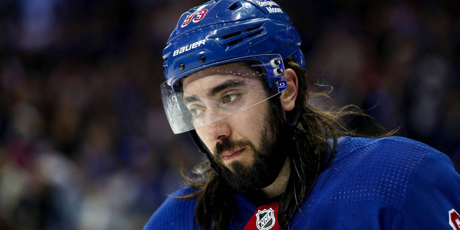 Apr 29, 2023; New York, New York, USA; New York Rangers center Mika Zibanejad (93) skates against the New Jersey Devils during the second period in game six of the first round of the 2023 Stanley Cup Playoffs at Madison Square Garden. Mandatory Credit: Danny Wild-USA TODAY Sports